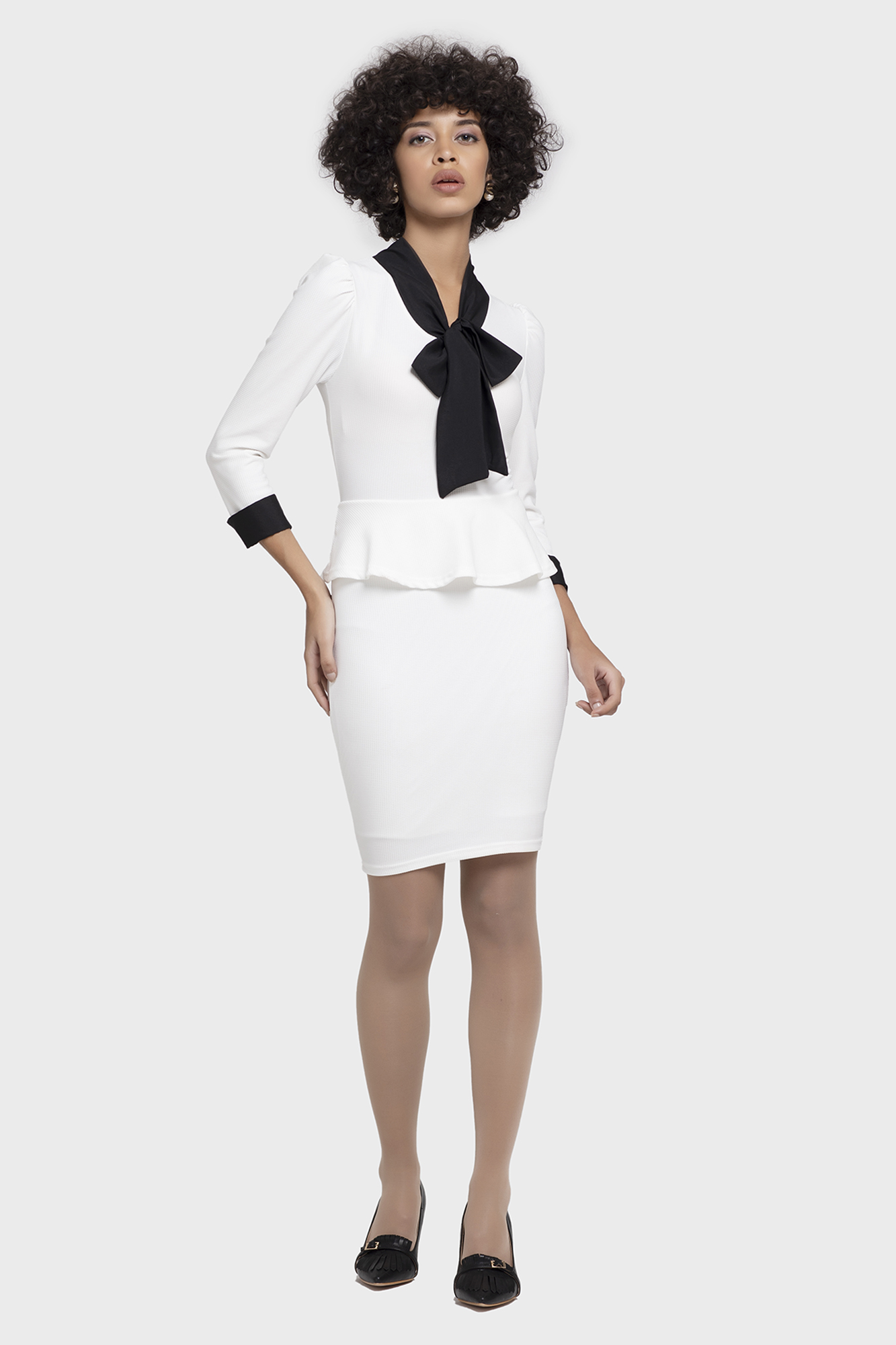Ruffle Off White Peplum Dress - Scarf Tie For Women - LBV Fashion