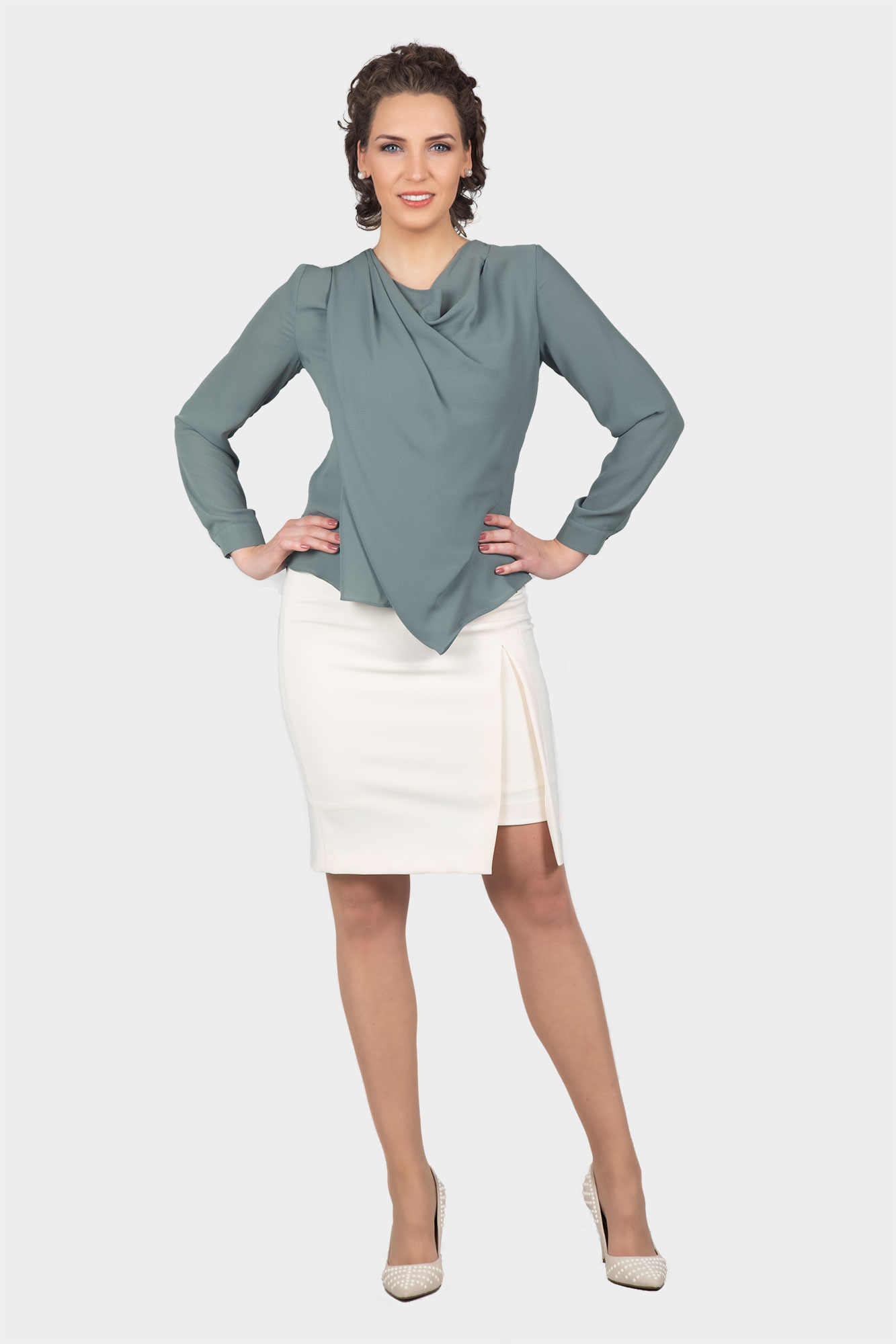 Draping Olive Cowl Neck Blouse For Women - LBV Fashion