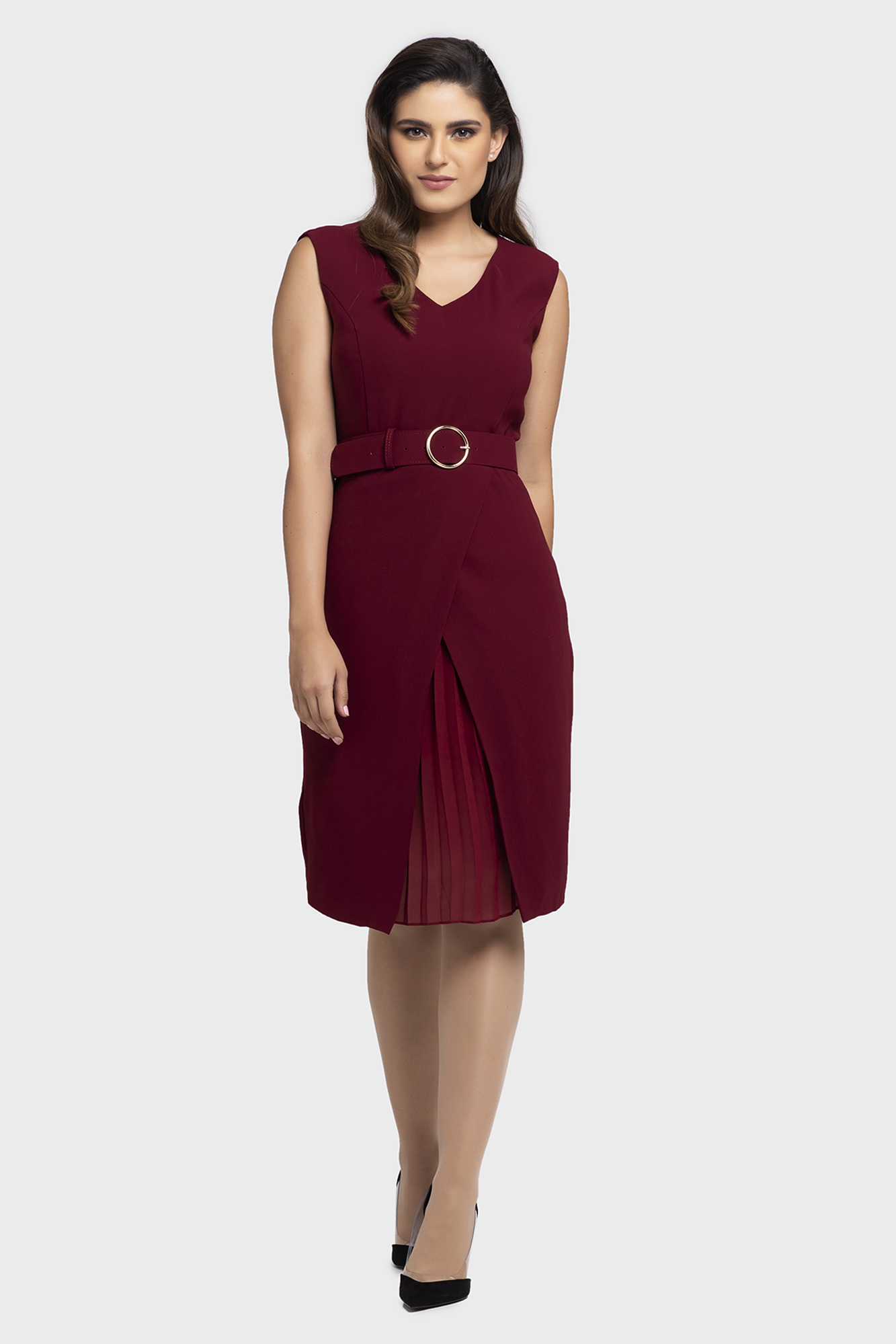 Gold Ring Belt Pleated Wrap Dress for Women - LBV Fashion