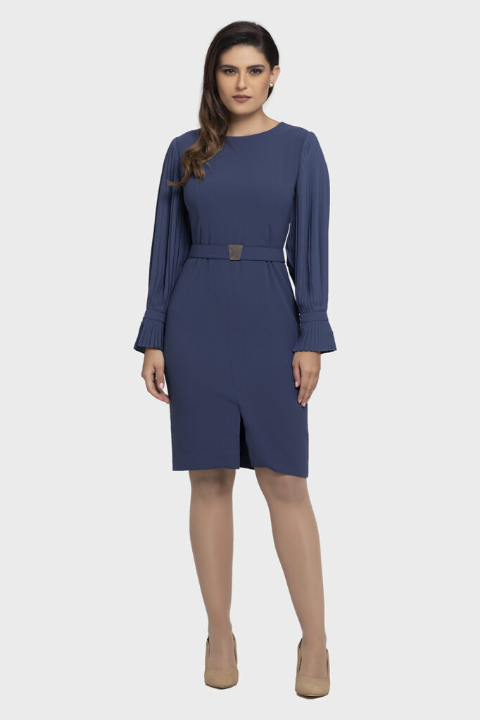 Blue Chiffon Pleated Sleeve Dress For Women - LBV Fashion