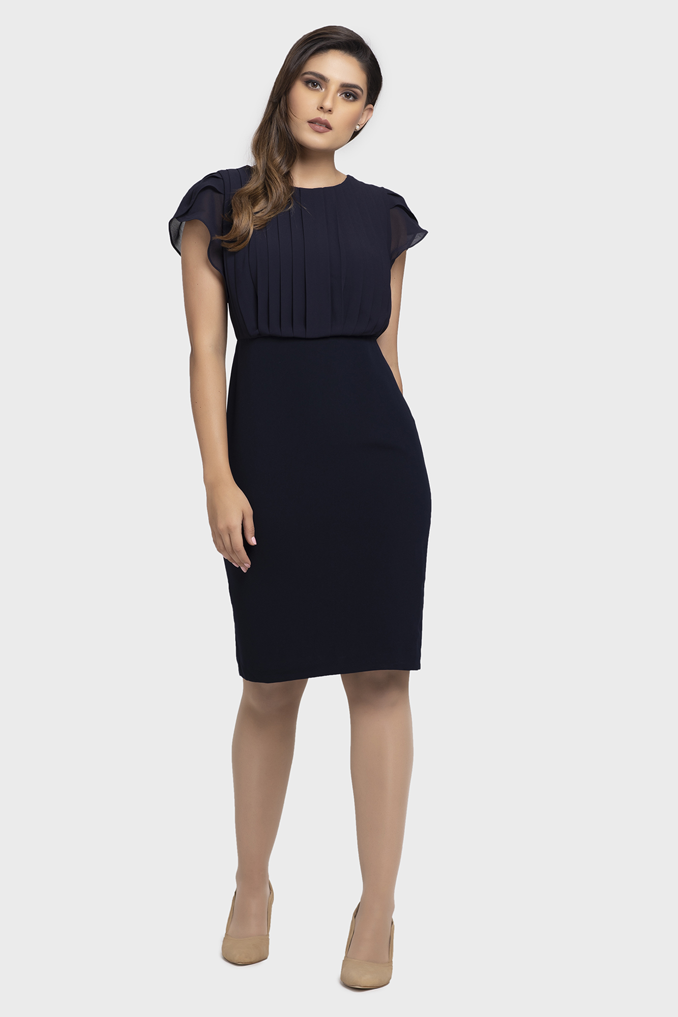 Navy Chiffon Tulip Pleated Sleeve Workwear Dresses For Women - LBV Fashion