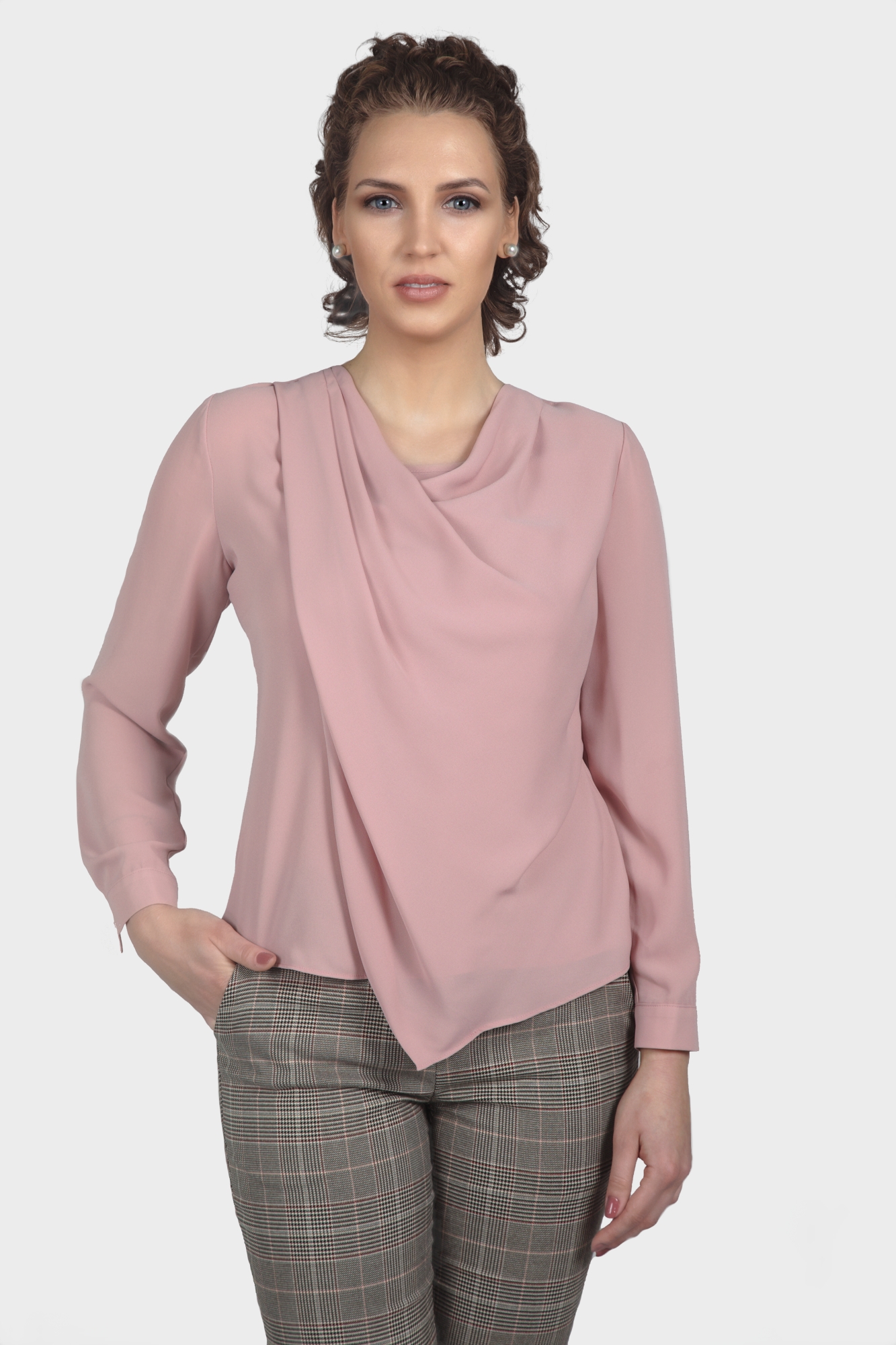 Pink Draping Cowl Neck Workwear Blouse For Women - LBV Fashion