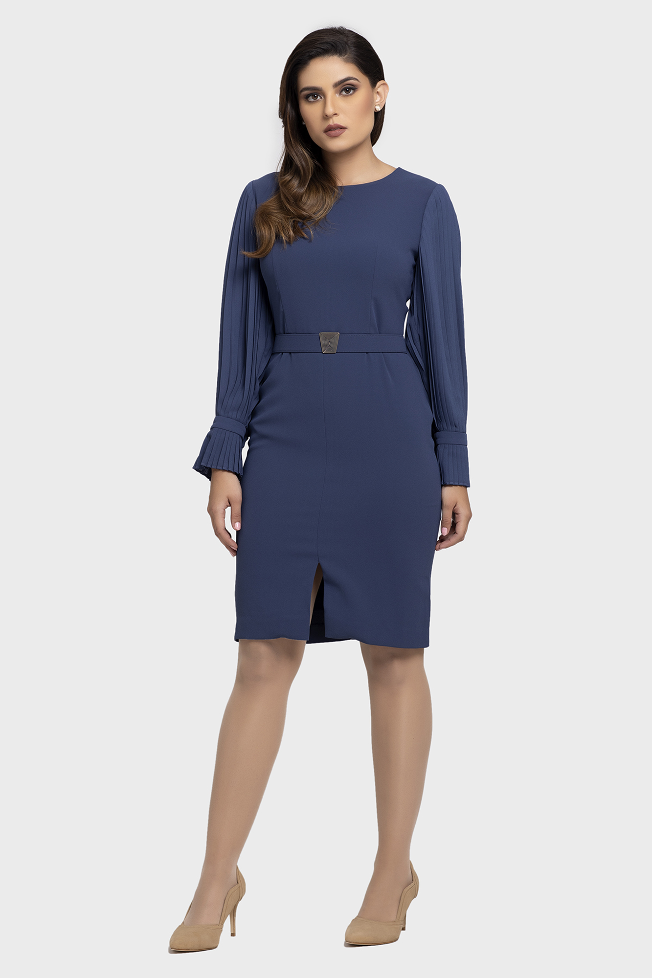 Blue Chiffon Pleated Sleeve Dress For Women - LBV Fashion