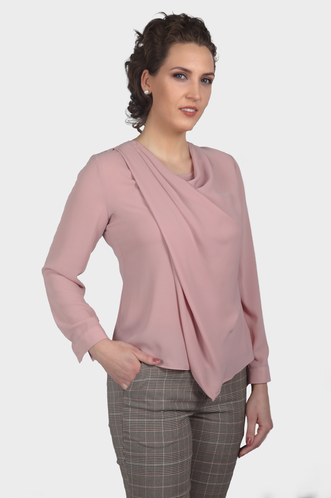 Pink Draping Cowl Neck Workwear Blouse For Women - LBV Fashion