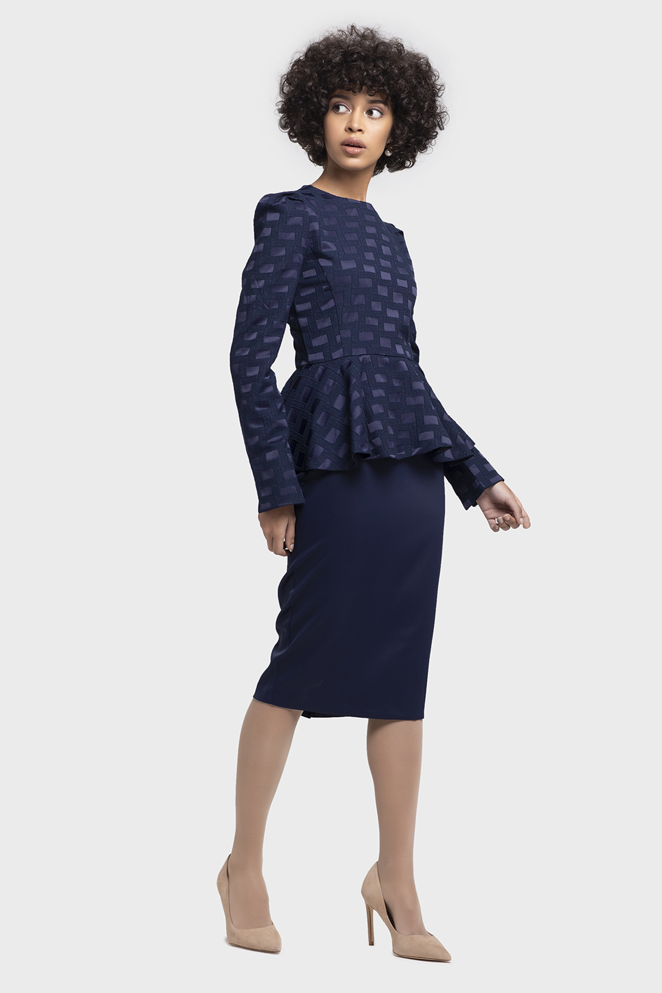 Satin Blue Jacquard Peplum Formal Occasion Dress For Women - LBV Fashion