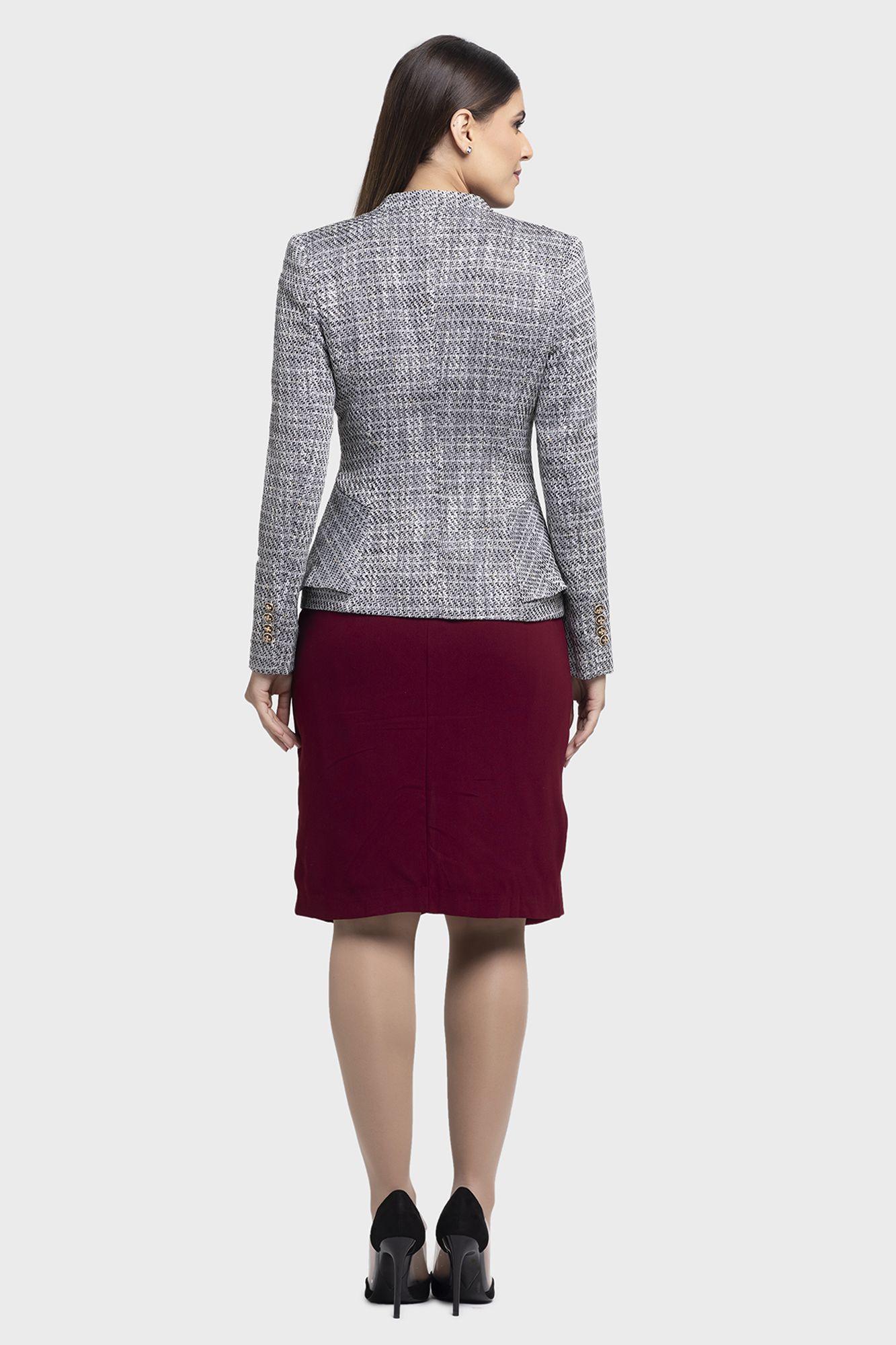 Gray Tweed Casual Dress Jacket For Women