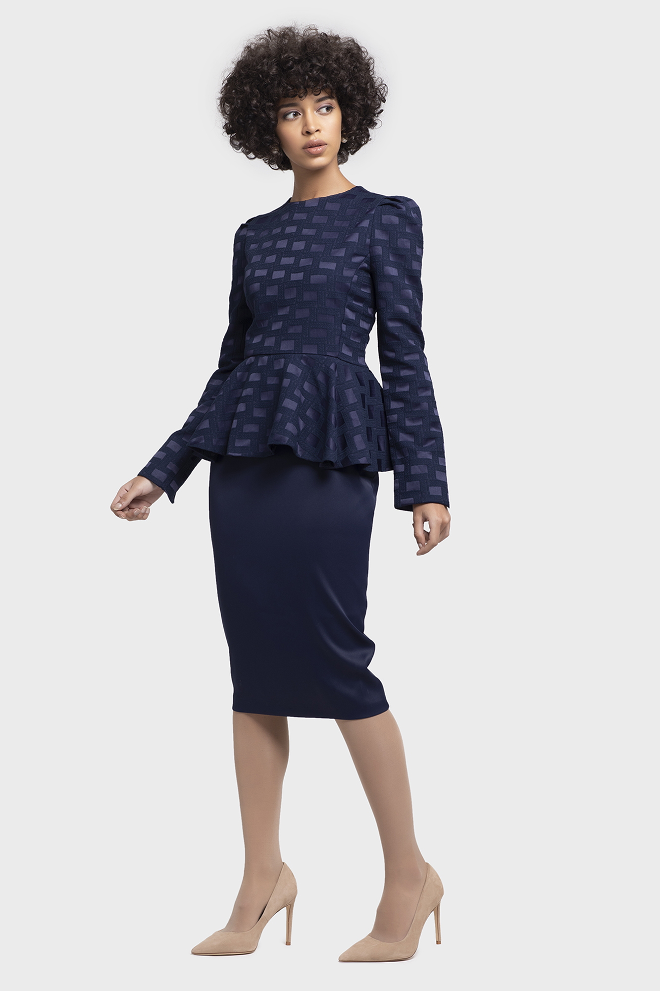 Satin Blue Jacquard Peplum Dress For Women - LBV Fashion