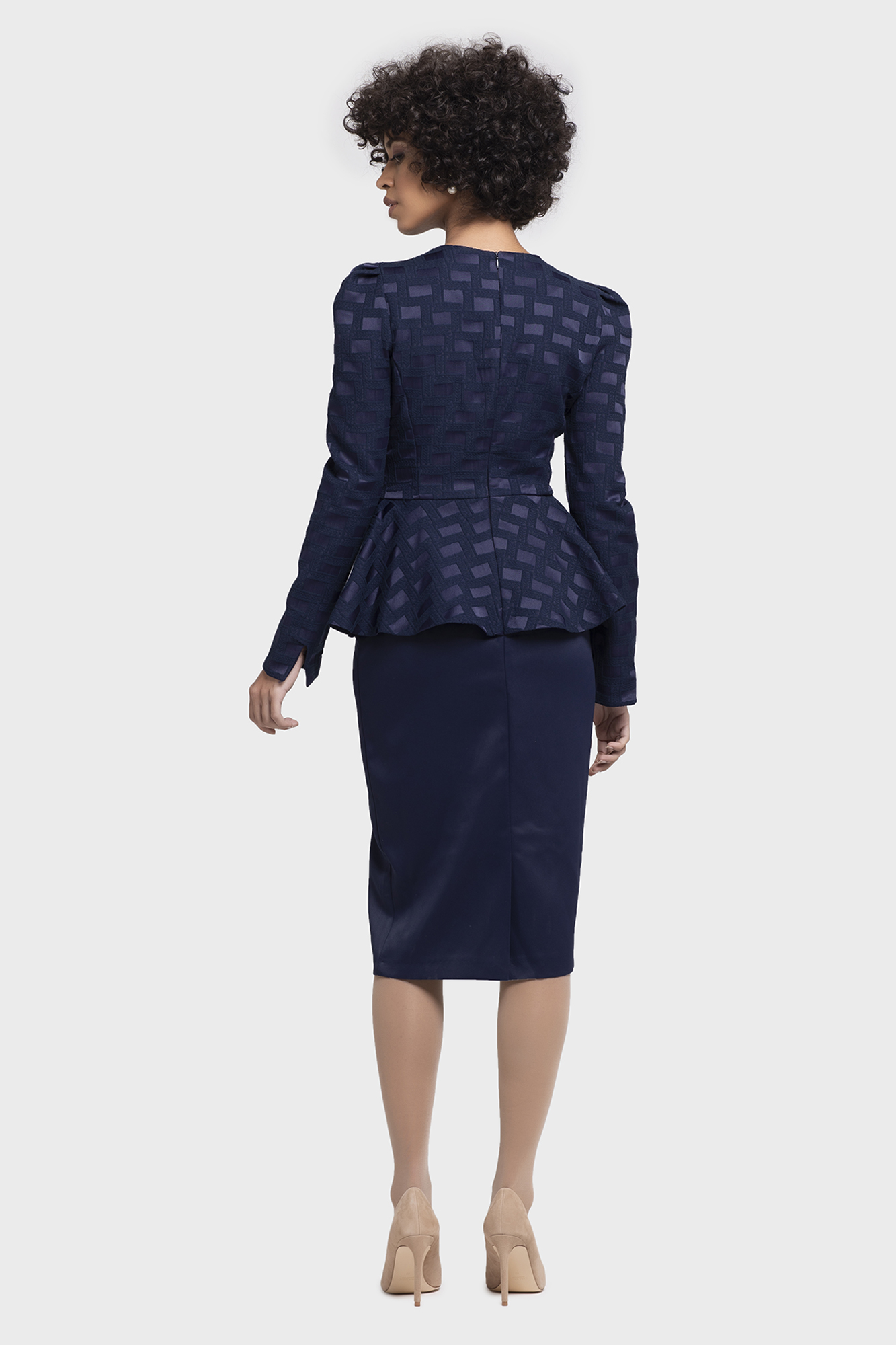 Satin Blue Jacquard Peplum Women Workwear Dress - LBV Fashion