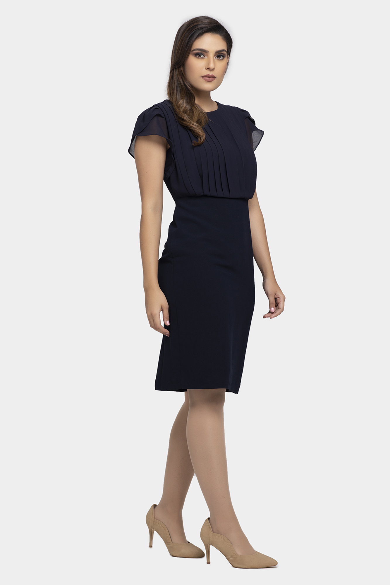 Navy Chiffon Tulip Pleated Sleeve Formal Occasion Dress For Women - LBV Fashion