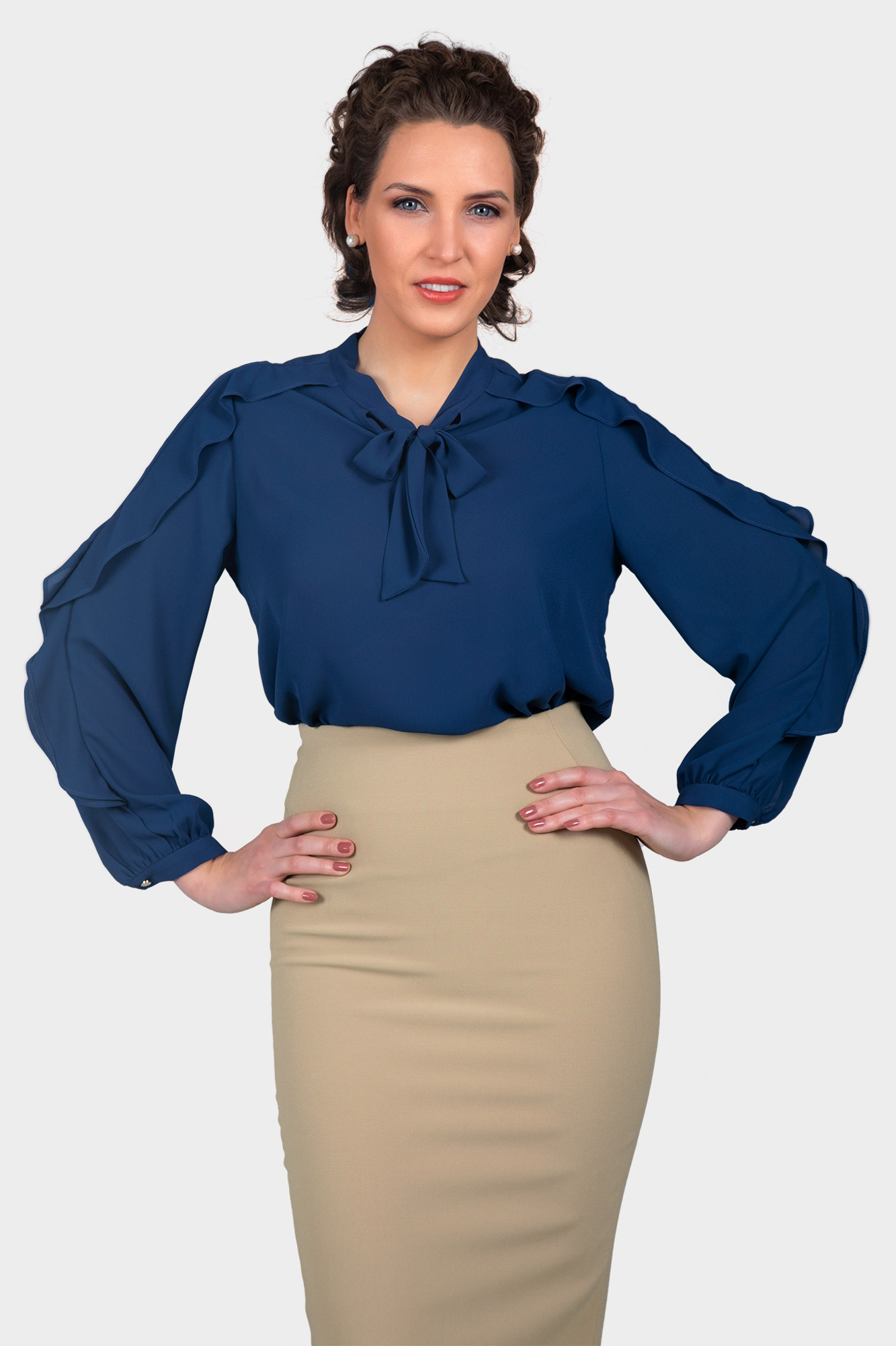 Blue Tie Neck Work Blouse For Women - LBV Fashion