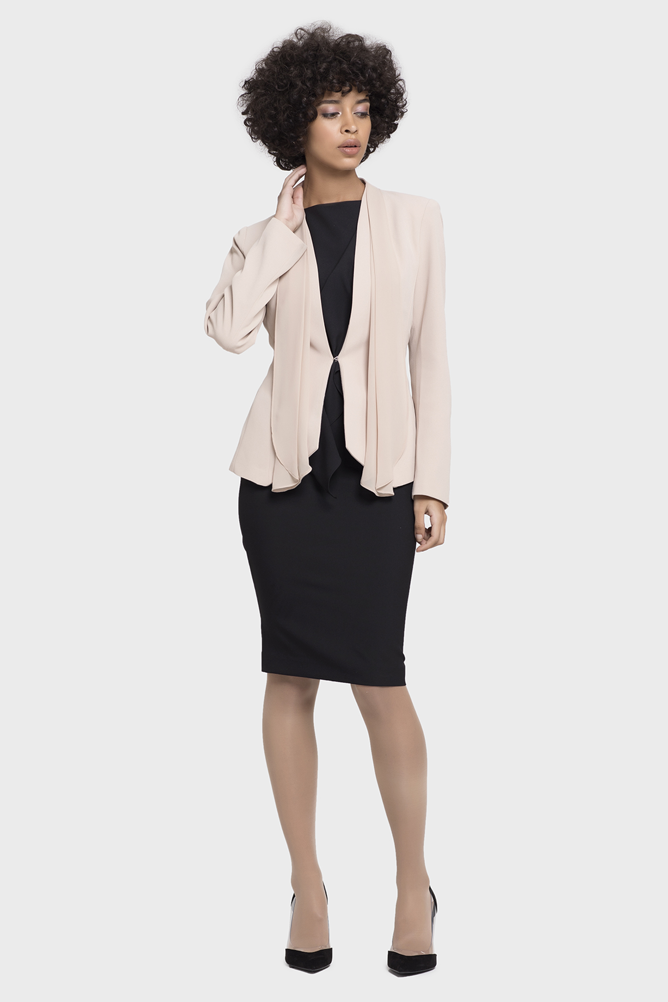 Beige Chiffon Scarf Workwear Jacket For Women