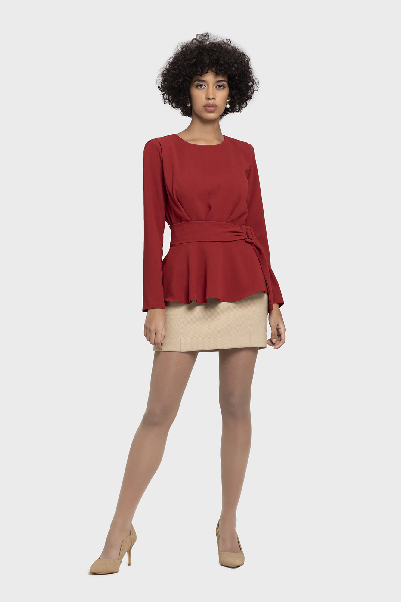 Red Flare Belt Blouse - LBV Fashion