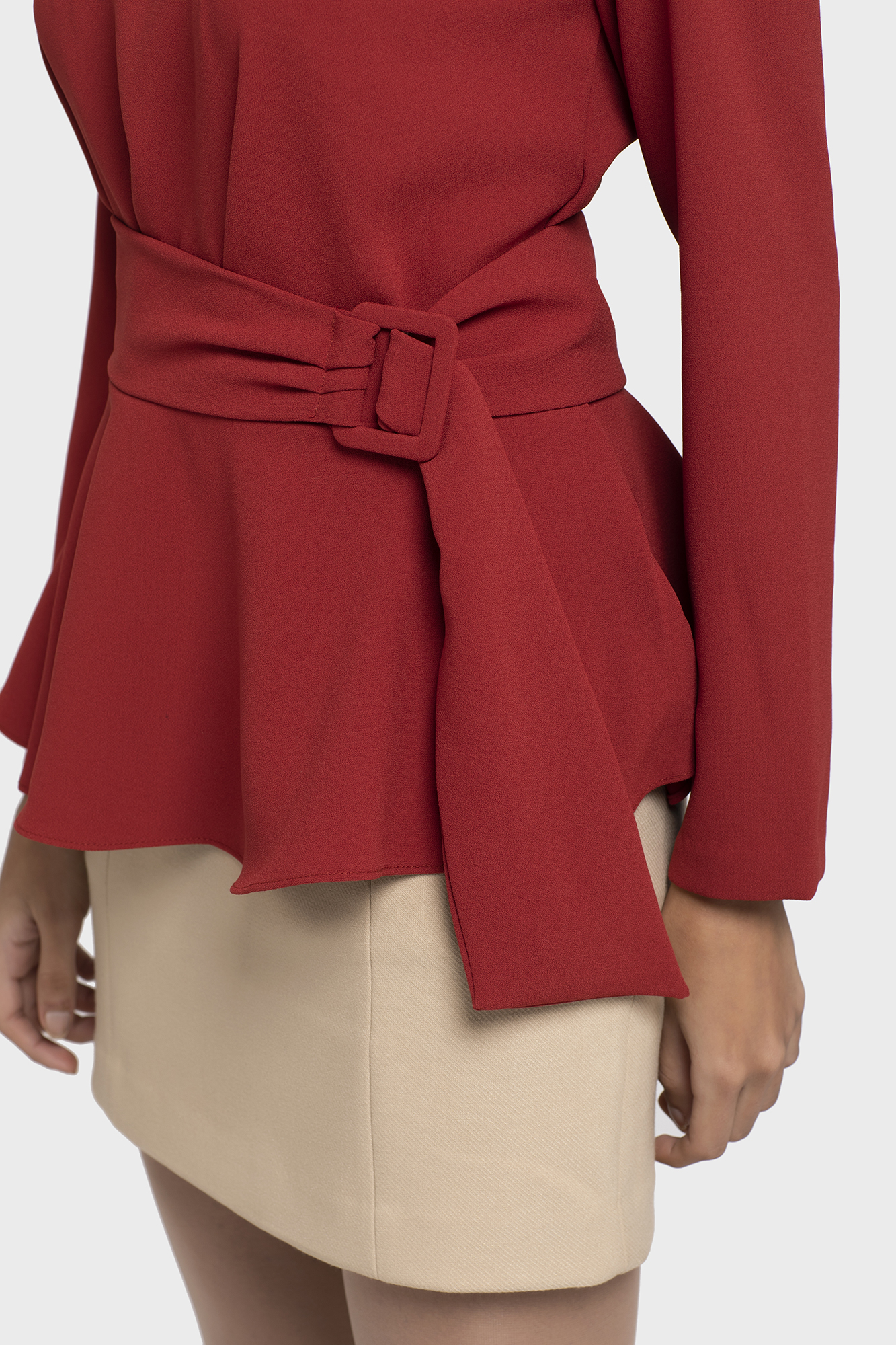 Red Flare Belt Blouse For Women - LBV Fashion
