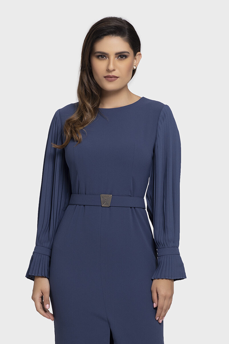 Blue Chiffon Pleated Sleeve Dress For Women - LBV Fashion